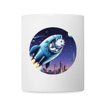 Rakete mit Bär hebt ab ins All vor Nachthimmel - Tasse - Weiß - Vorne