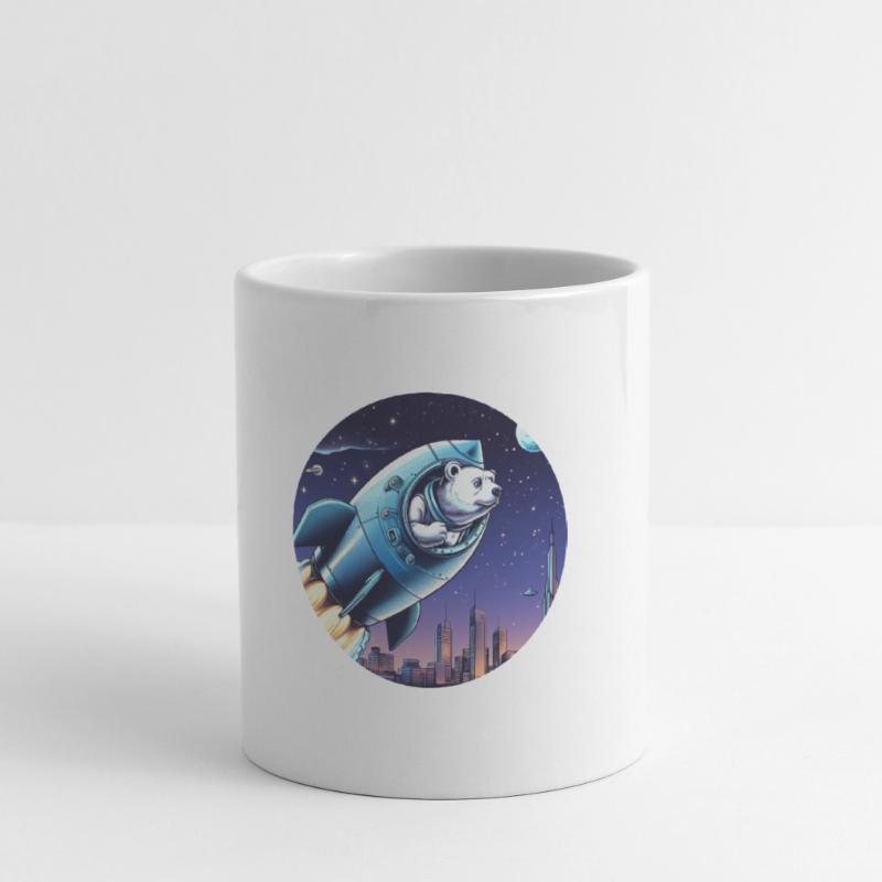 Une fusée avec un ours décolle dans l’espace devant le ciel nocturne Mug blanc