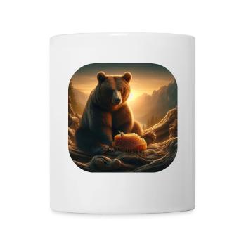 Brown bear sitting with bees honeycomb in nature - Mug - white - Front