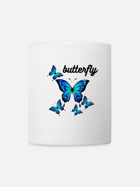 Blaue Schmetterlinge auf Mitternachtsschwarz - Tasse - Weiß