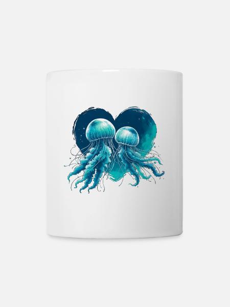 Méduse coeur bleu vert V-Day amour aquarelle - Mug blanc - blanc