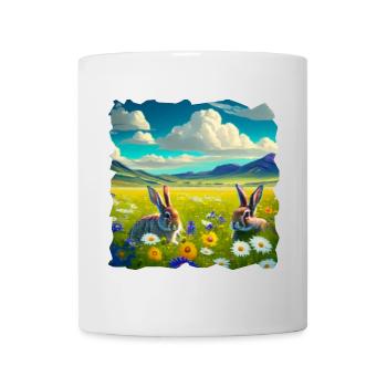 large flower meadow with wild rabbits - Mug - white - Front