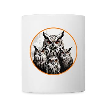 Eulenfamilie - grafisches Eulenmotiv mit vier Uhus - Tasse - Weiß - Vorne