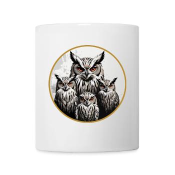 Eulenfamilie - grafisches Eulenmotiv mit vier Uhus - Tasse - Weiß - Vorne
