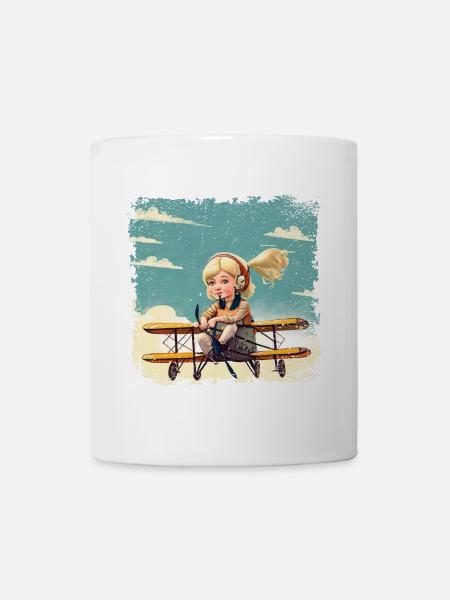 Fille assise sur un biplan | Fantaisie - Mug blanc - blanc