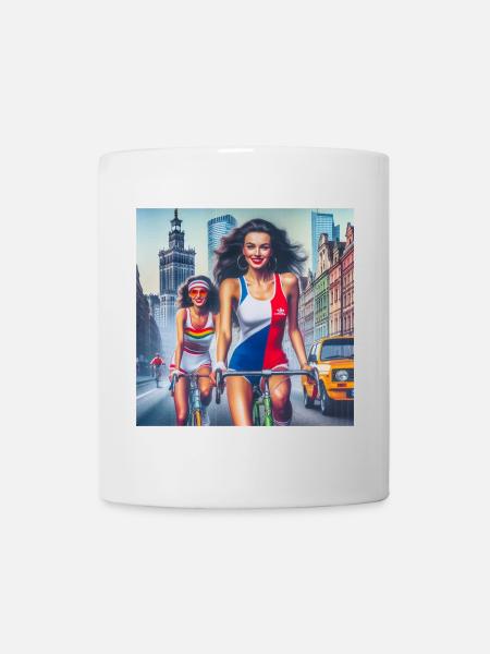Two girls cycling in retro Warsaw - 80s style - Mug - white