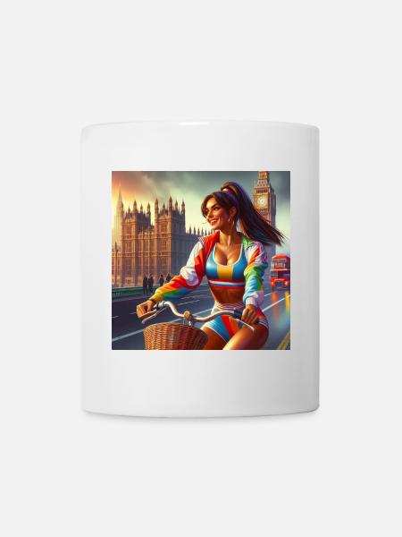 Vintage Girl on a Bicycle by Big Ben in London - Mug - white