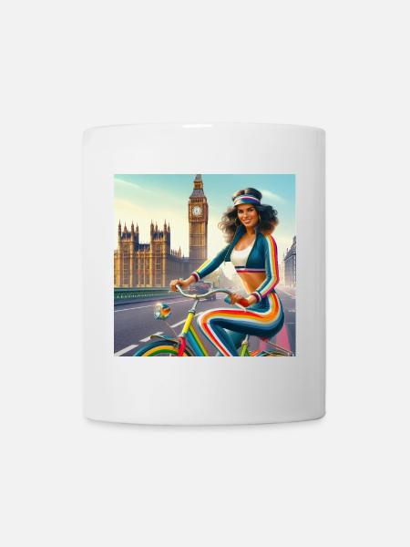 Retro Girl on a Bicycle par Big Ben à Londres - Mug blanc - blanc