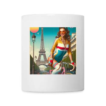 Schönes junges Mädchen fährt Fahrrad vor dem Eiffelturm - Tasse - Weiß - Vorne