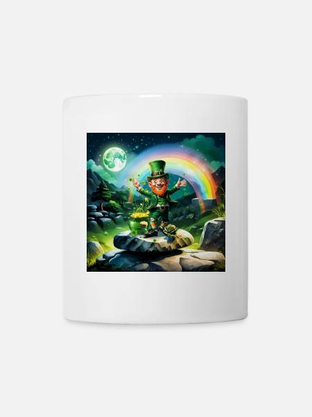 Lustiger glücklicher Kobold mit Regenbogen im Hintergrund. - Tasse - Weiß