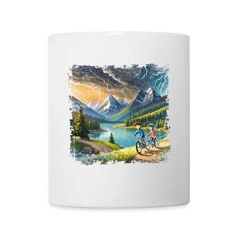 Children on bicycles in mountain landscape - Mug - white - Front