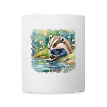 Niedlicher junger Dachs mit Handy, Kinderbuchstil - Tasse - Weiß - Vorne