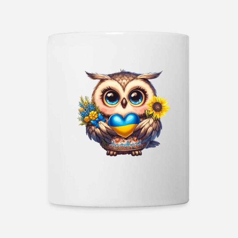 Niedliche Eule mit einem blau gelben Herz - Tasse - Weiß