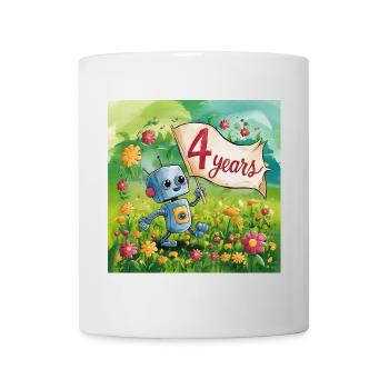 4 Years Little Cute Robot in the Flower Meadow - Mug - white - Front