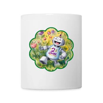 2 Jahre 2. Geburtstag Roboter auf Blumenwiese - Tasse - Weiß - Vorne
