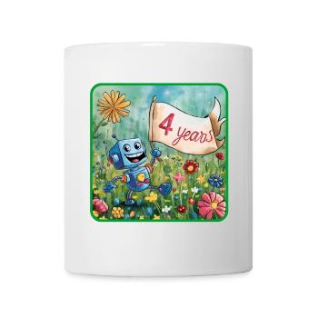 4 Jahre, 4. Geburtstag Roboter auf Blumenwiese - Tasse - Weiß - Vorne