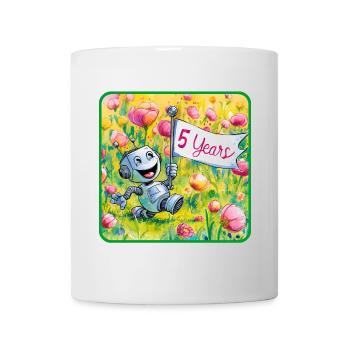 5 Jahre, 5. Geburtstag Roboter auf Blumenwiese - Tasse - Weiß - Vorne