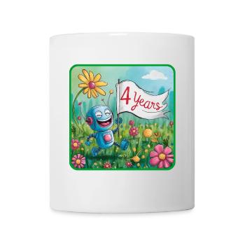 4 Jahre, 4. Geburtstag Roboter auf Blumenwiese - Tasse - Weiß - Vorne