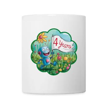 4 Jahre, 4. Geburtstag Roboter auf Blumenwiese - Tasse - Weiß - Vorne