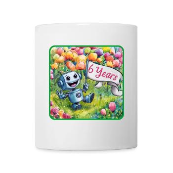6 Jahre, 6. Geburtstag Roboter auf Blumenwiese - Tasse - Weiß - Vorne
