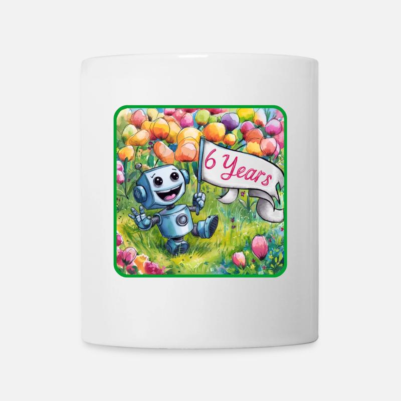 6 Jahre, 6. Geburtstag Roboter auf Blumenwiese - Tasse - Weiß