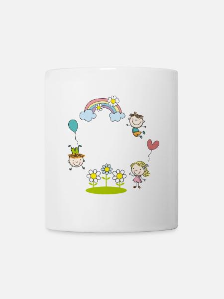 Fröhliche Kinder mit Regenbogen Blumen Luftballon  - Tasse - Weiß