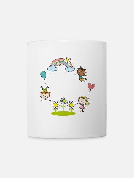 Kinder der Erde mit Regenbogen Blumen Luftballon - Tasse - Weiß