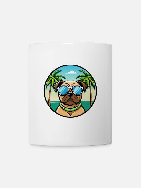Mops Hund Rasse Cartoon Sonnenbrille Strand - Tasse - Weiß
