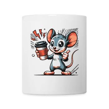 Cartoon einer fröhlichen Maus mit Kaffee - Tasse - Weiß - Vorne