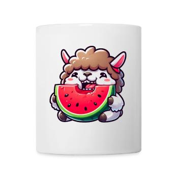 Drôle de lama mouton agneau avec pastèque dessin animé - Mug blanc - blanc - Devant