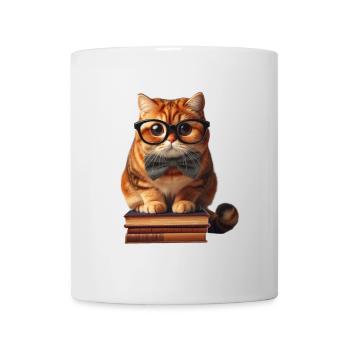 Witzige Katze mit Brille auf Bücherstapel - Tasse - Weiß - Vorne