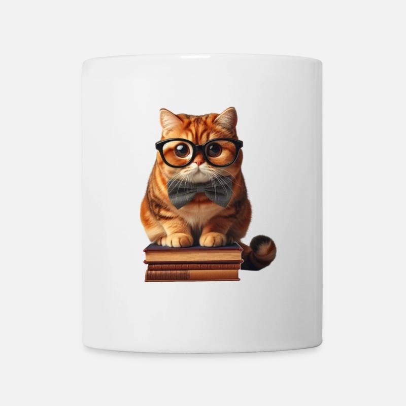 Witzige Katze mit Brille auf Bücherstapel - Tasse - Weiß