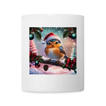 Cute Christmas bird sitting on a covered branch - Mug - white - Front
