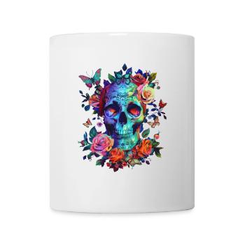 Totenkopf mit Blumen und Schmetterling - Tasse - Weiß - Vorne