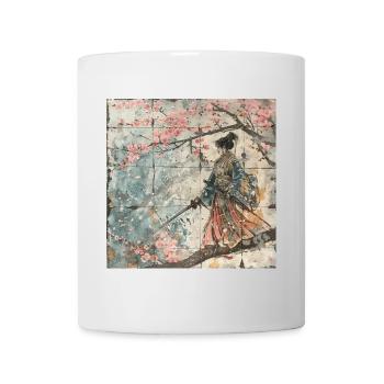 Japanisch, Samurai, Kirschblüte, Kunst, Ukiyo-E - Tasse - Weiß - Vorne