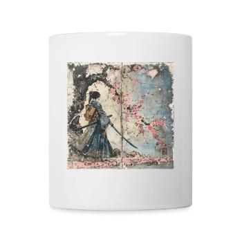 Japanisch, Samurai, Kirschblüte, Kunst, Ukiyo-E - Tasse - Weiß - Vorne