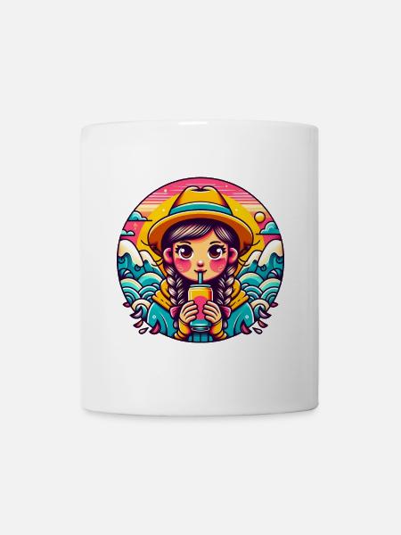 Retro Mädchen Trinken Pop Illustration - Tasse - Weiß