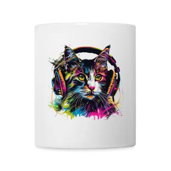 Katze mit großen Kopfhörern - Tasse - Weiß - Vorne