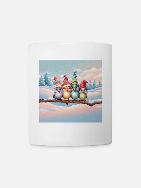 Niedliche Fantasievögel mit Weihnachtsmützen - Tasse - Weiß