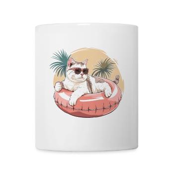 Katze mit Sonnenbrille im pinkem Schwimmreifen - Tasse - Weiß - Vorne