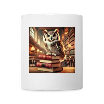 Geheimnisvolle Eule auf Bücherstapel - Tasse - Weiß - Vorne