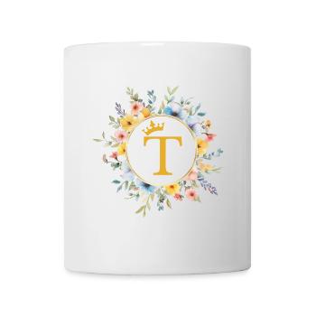 T monogramme, cercle de fleurs, personnalisable - Mug blanc - blanc - Devant