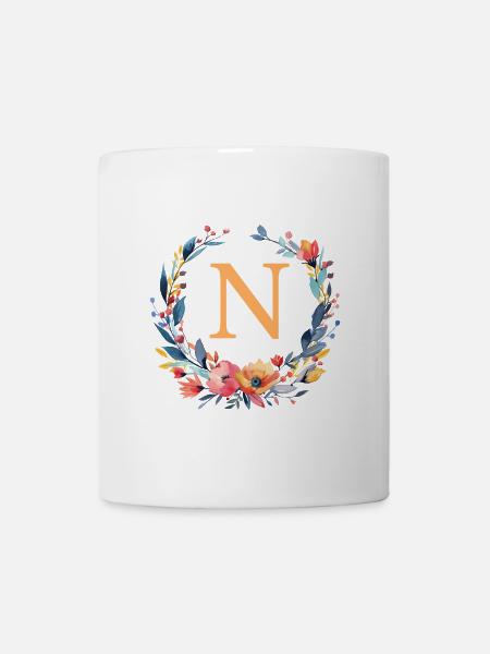 N Monogramm, Blumen-Kranz, personalisierbar - Tasse - Weiß
