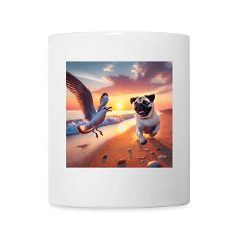 Aventures animées sur la plage avec chien et mouette - Mug blanc - blanc - Devant