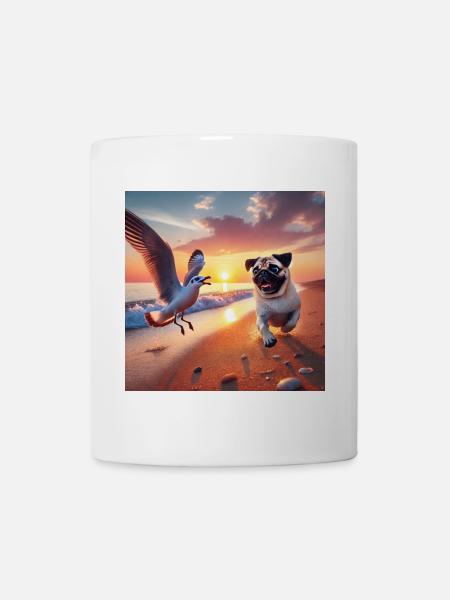 Lebendige Strandabenteuer mit Hund und Möwe - Tasse - Weiß