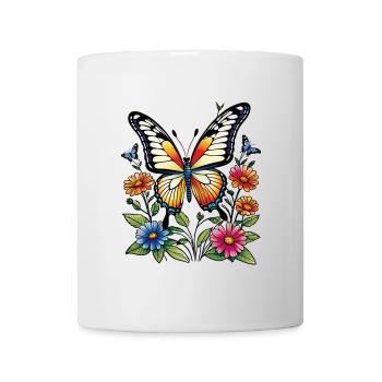 Farbenfroher Schmetterling im Blütenmeer - Tasse - Weiß - Vorne