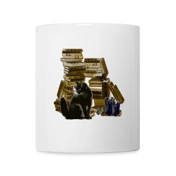 Bücherstapel mit Katze, lesen - Tasse - Weiß - Vorne