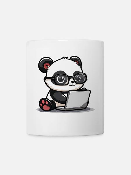 Panda Dessin animé travaillant sur un ordinateur portable avec des lunettes - Mug blanc - blanc