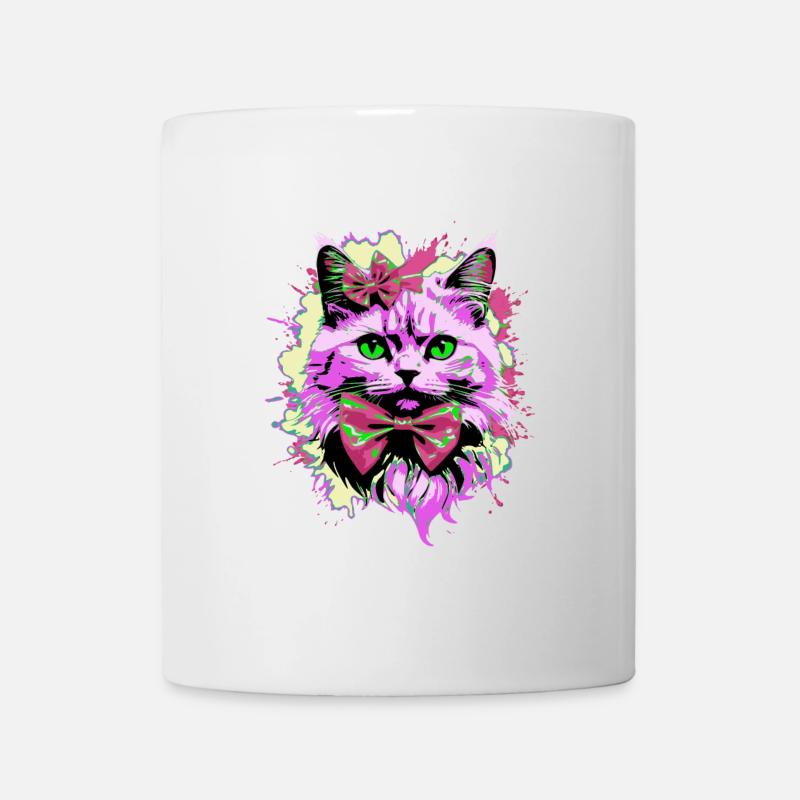 Neonkatze mit Fliege - Tasse - Weiß