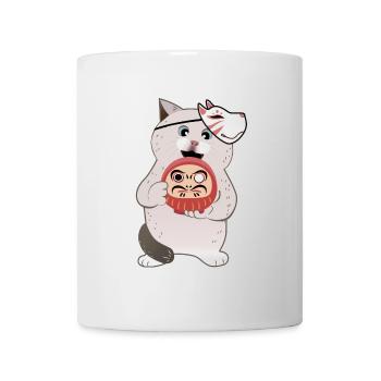 Süße Katze hält Daruma mit Kabuki Maske - Tasse - Weiß - Vorne